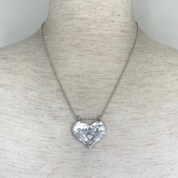 Sterling Silver 925 Hammered Heart Stamped “Fool 4 ♥︎” Love Pendant Necklace 18" - Picture 2 of 16